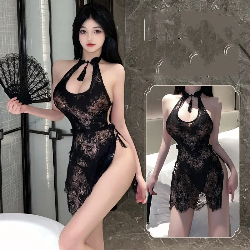 فستان الجنس معلقة الرقبة العميق الخامس كاشفة شيونغسام الدانتيل التفاف الورك تنورة قصيرة فساتين نسائية فساتين قصيرة الجنس متجر تأثيري الطرف