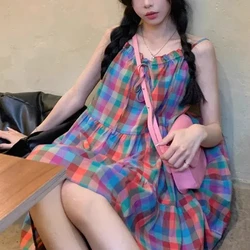 Summer Sweet Fresh Lolita 2024 Patchwork Drawstring Printing Plaid Fashion Loose Minimalist Casual Sleeveless Slip Dresses