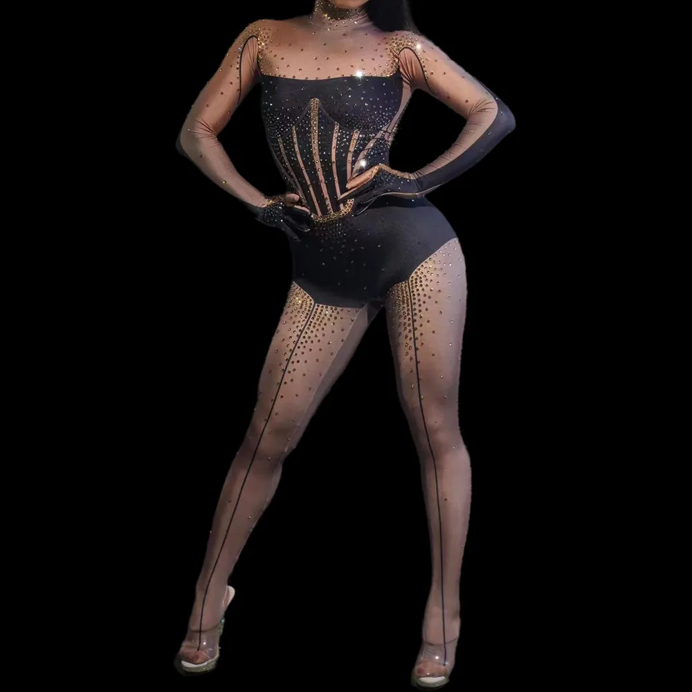 

Sexy Patchwork Diamond Stage Performance Costume Rhinestone Female Bodycon Bodysuits Women Dance Leotard One Piece Jumpsuit