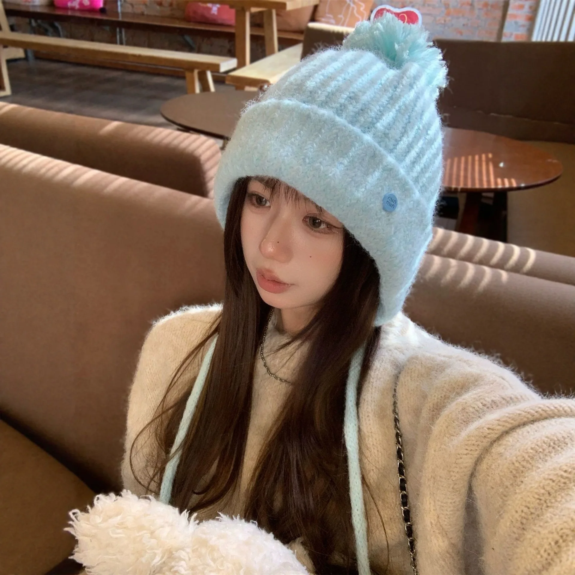 Blue Hats Dopamine Candy Color Knit Beanie For Women Autumn Winter Windproof Ear Protection Warm Beanie With Pom Pom Ribbon Caps
