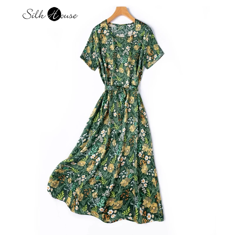 

Smooth and Soft 100% Natural Mulberry Silk Plain Satin Forest Green Floral Loose Straight Tube Round Neck Short Sleeved Dress