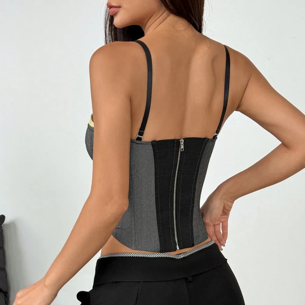 

Sexy Mujer Puta Lenceria Corset Patchwork Color Blocked Sexy Herringbone Patterned Cotton Crop for Women Vintage Corset Top