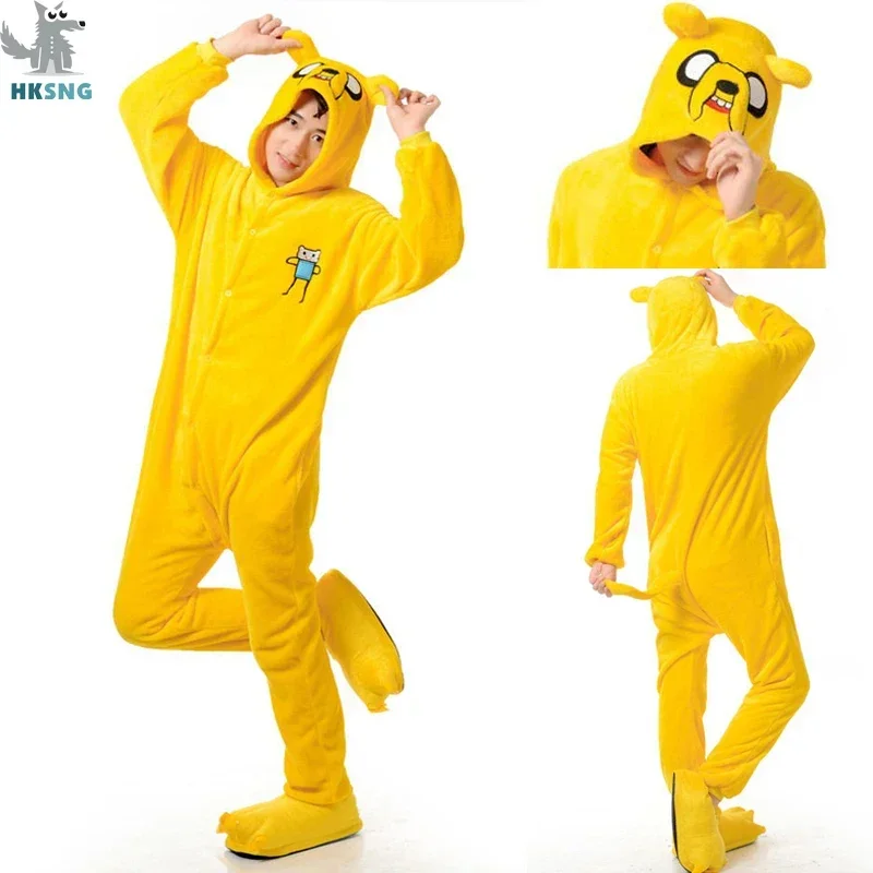 HKSNG New Link Adult Finn And Jake Onesies Adventure Costume Yellow Dog Pajamas Animal Halloween Party Jumpsuits Kigurumi