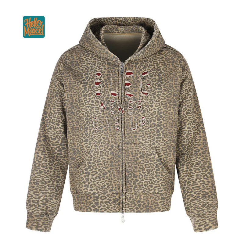 HELLOMARCEL EU US Size Women Hoodie Autumn Oversize Leopard Print Streetwear Distressed Ripped Letter Double Zipper Hoodie