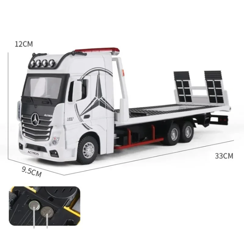 Diecast 1:24 Mercedes-Benz Flatbed Trailer Car Model Metal Transport Vehicle Sound Light Voiture Miniature Collective Kids Toys