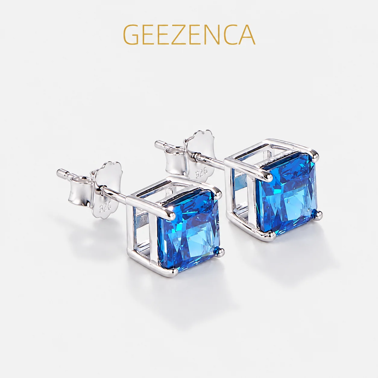 GEEZENCA Sparkling Blue Cubic Zirconia S925 Silver Square Shape Stud Earrings Women Simple Dainty Trendy Stackable Earring Gift