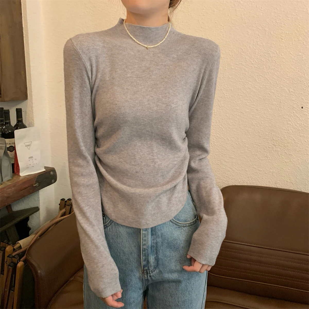 محبوك سترة المرأة البلوفرات الجديدة طويلة الأكمام وهمية الرقبة أضعاف متماسكة سترة البلوز المرأة بلايز البلوزات Sueters De Mujer Q1531 #3