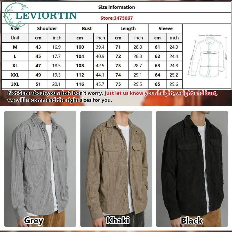 Men's Corduroy Cargo Shirts Autumn Casual Solid Outwear Overshirt Long Sleeve Button Down Shirt Jacket With Chest Flap Pocket
