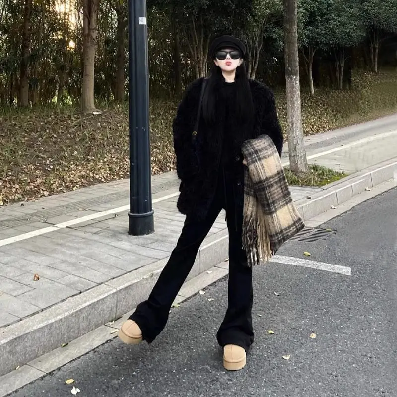 

Джинсы-клеш с высокой талией для женщин больших размеров, с подкладкой, с эффектом стройности, длинные брюки, модные, больших размеров