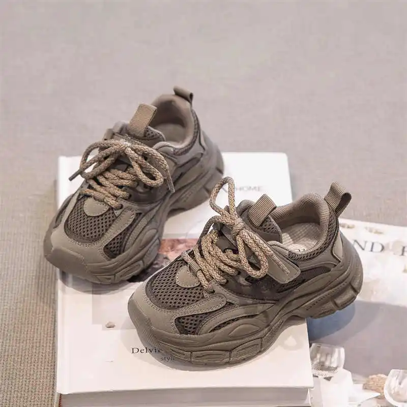 Toddler Kids Breathable Mesh Chunky Dad Sneakers, Lace‑Up with Magic Tape Strap Non‑Slip Thick Sole Casual Sports Shoes