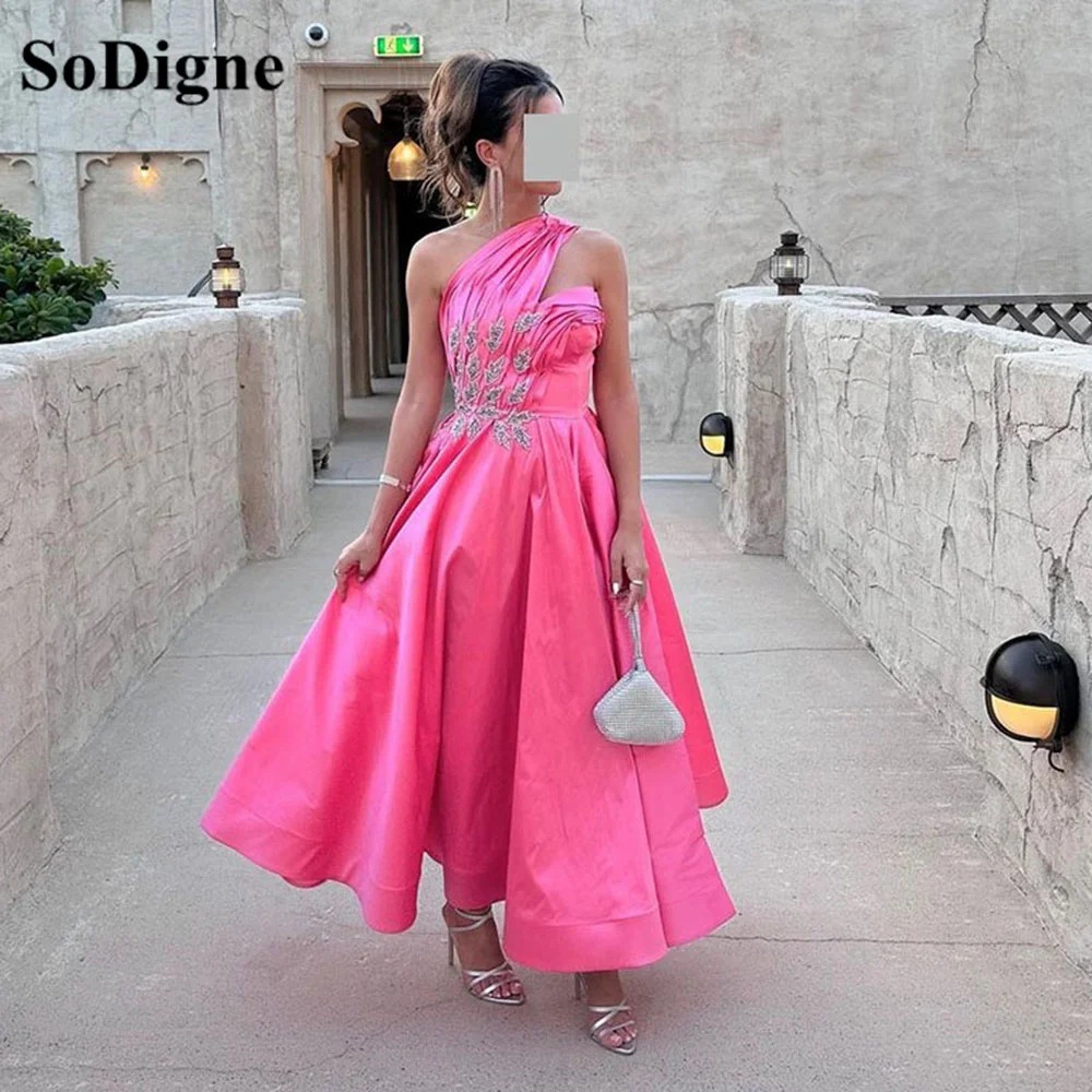 

SoDigne A Line Satin Short Evening Dresses Women Party Dress Sleeveless One Shoulder Beads Formal Prom Gowns Robe de soiree