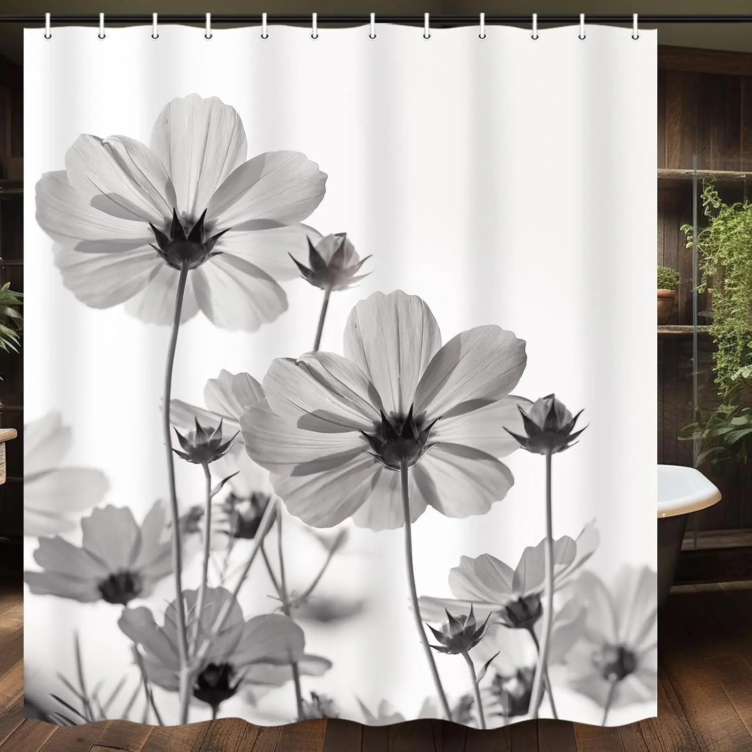 Waterproof Floral Botanical Shower Curtain Black and White Monochrome Poppy Pattern Bath Decor Polyester Material for Modern Hom