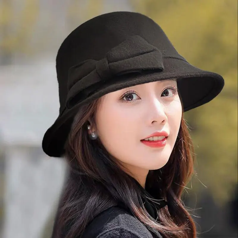 Vintage Women Bucket Cap Winter Warm Bow Woolen Felt Fedoras Cap Ladies Dome Felt Wedding Church Jazz Caps Bowler French Spring