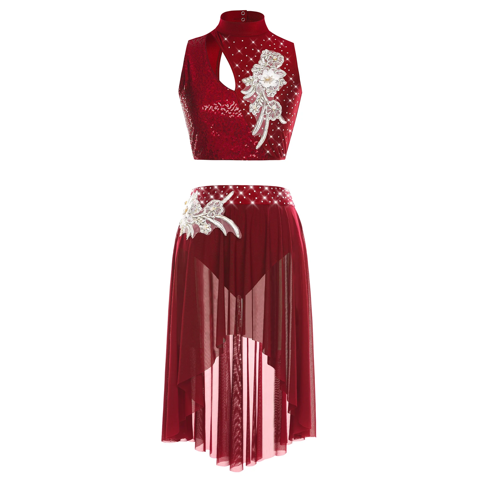 Womens Elegant Lyrical Dance Costume Set Sleeveless Embroidery Crop Top & Applique High-Waist Skirt Hollow Out Belly Dance Wear