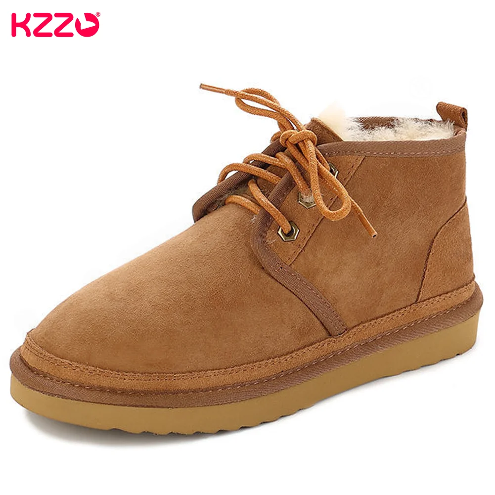 KZZO Real Sheepskin Leather Lace-up Ankle Short Snow Boots Men Winter Natural Sheep Wool Fur Lined Casual Warm Shoes Maroon