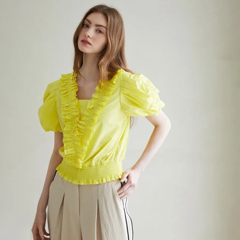 

Pure Cotton V-ne Pleated Elastic ort Sve Versatile Small irt Commute Sle Korean Version Bubble Sve Blouse