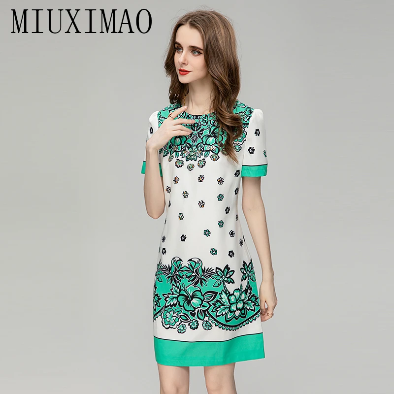 MIUXIMO-vestido fino de manga curta para mulheres, diamantes floridos, tanque verde, mini vestido solto, moda outono, 2023