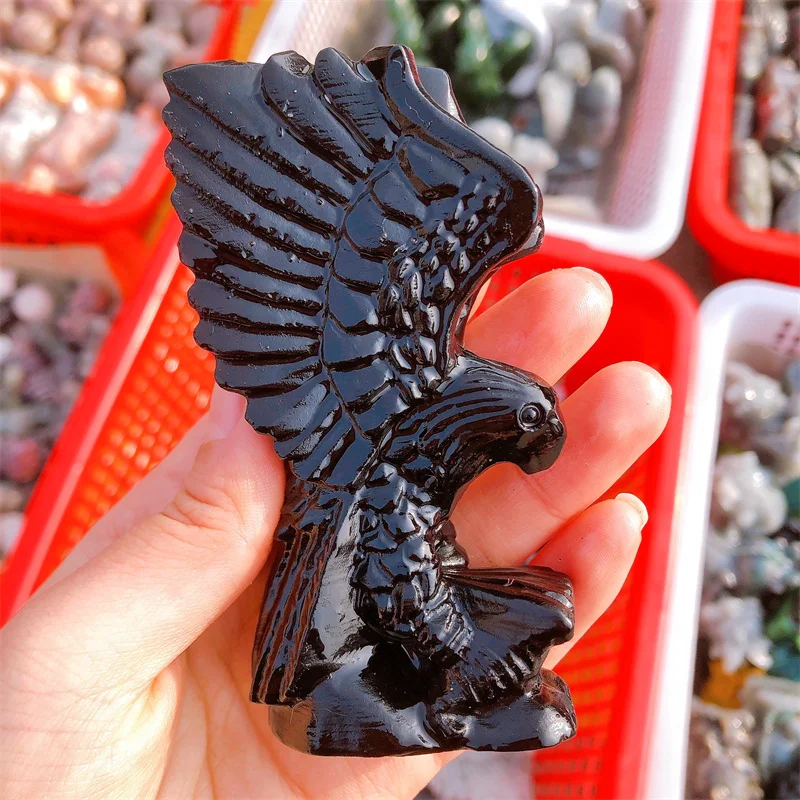 

Natural Black Obsidian Eagle Carving Crafts Healing Fengshui Energy Stone Room Office Decorate Gift 1pcs