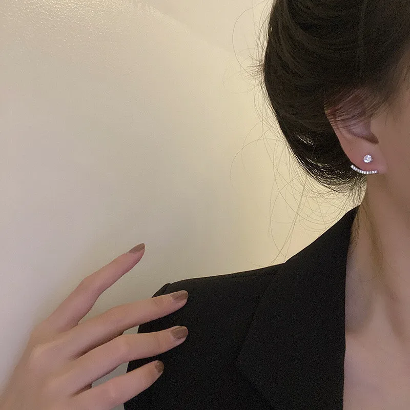 Trend Classic Zirconia Women Stud Earrings Silver Color Two Way Wear Wedding Studs Ear Simple Party Nightclub Jewelry