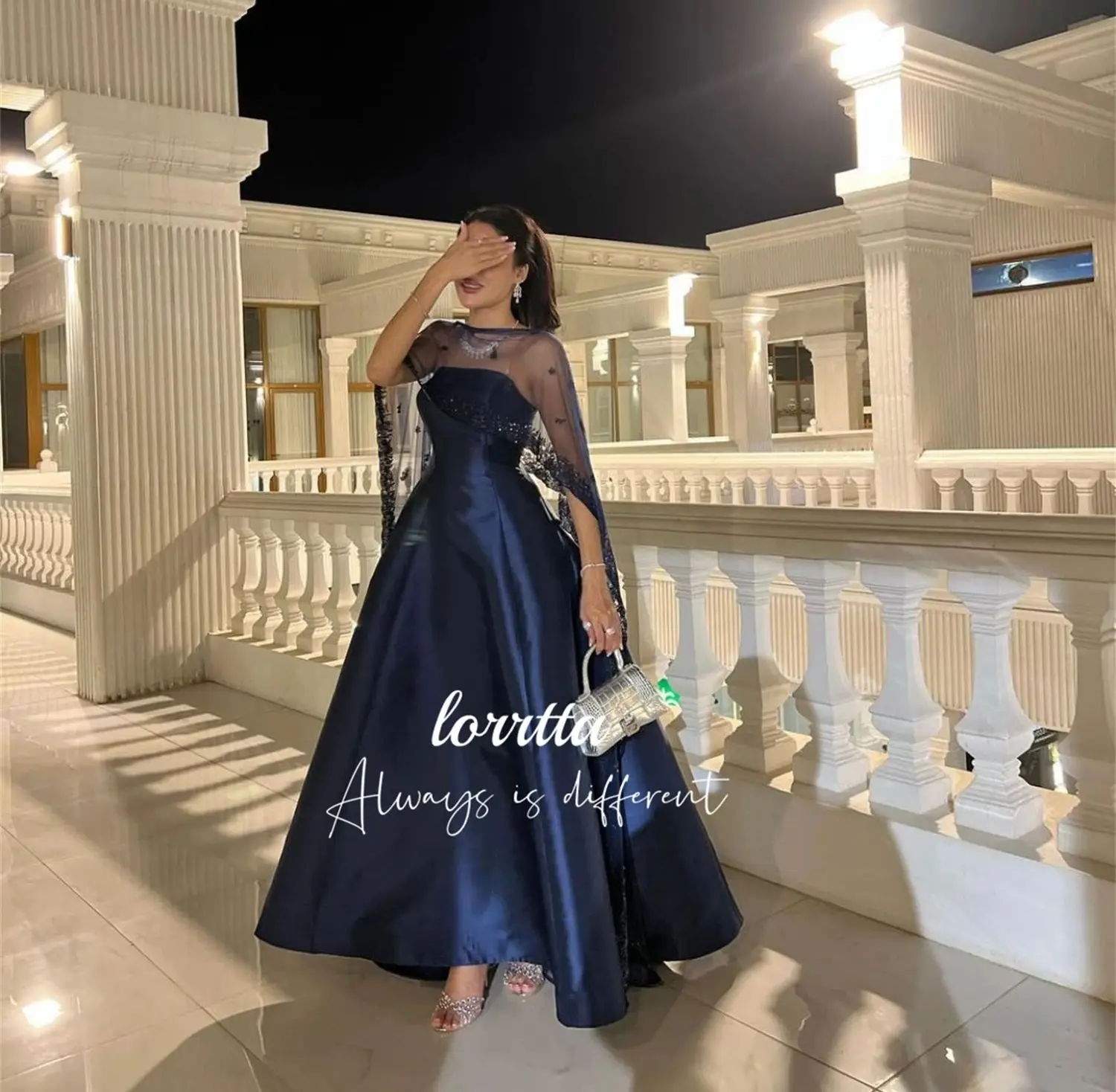 Grace Shawl Dark Blue Satin Evening Dress Party Birthday Dresses Luxury 2024 Ball Gowns Robes De Cocktail فساتين سهرة Customized