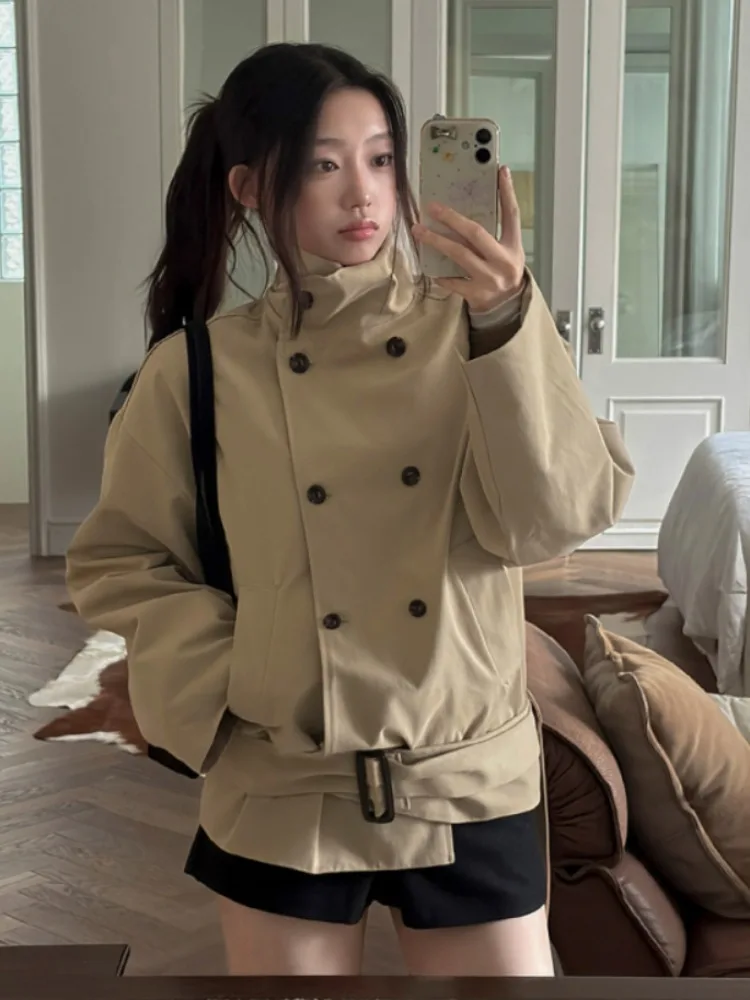 Korean Style Short Double-Breasted Belted Coat for Women Simple Stand Collar Miniature Figure Outfit Autumn Spring Winter