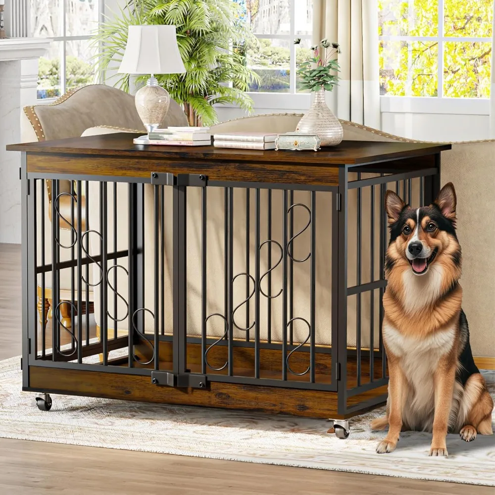 

Dog Crate Furniture, 48 Inch Dog Crates for Medium/Large Breed, Farmhouse Wood Metal Kennel Indoor Heavy Duty Pet Cage with Cas