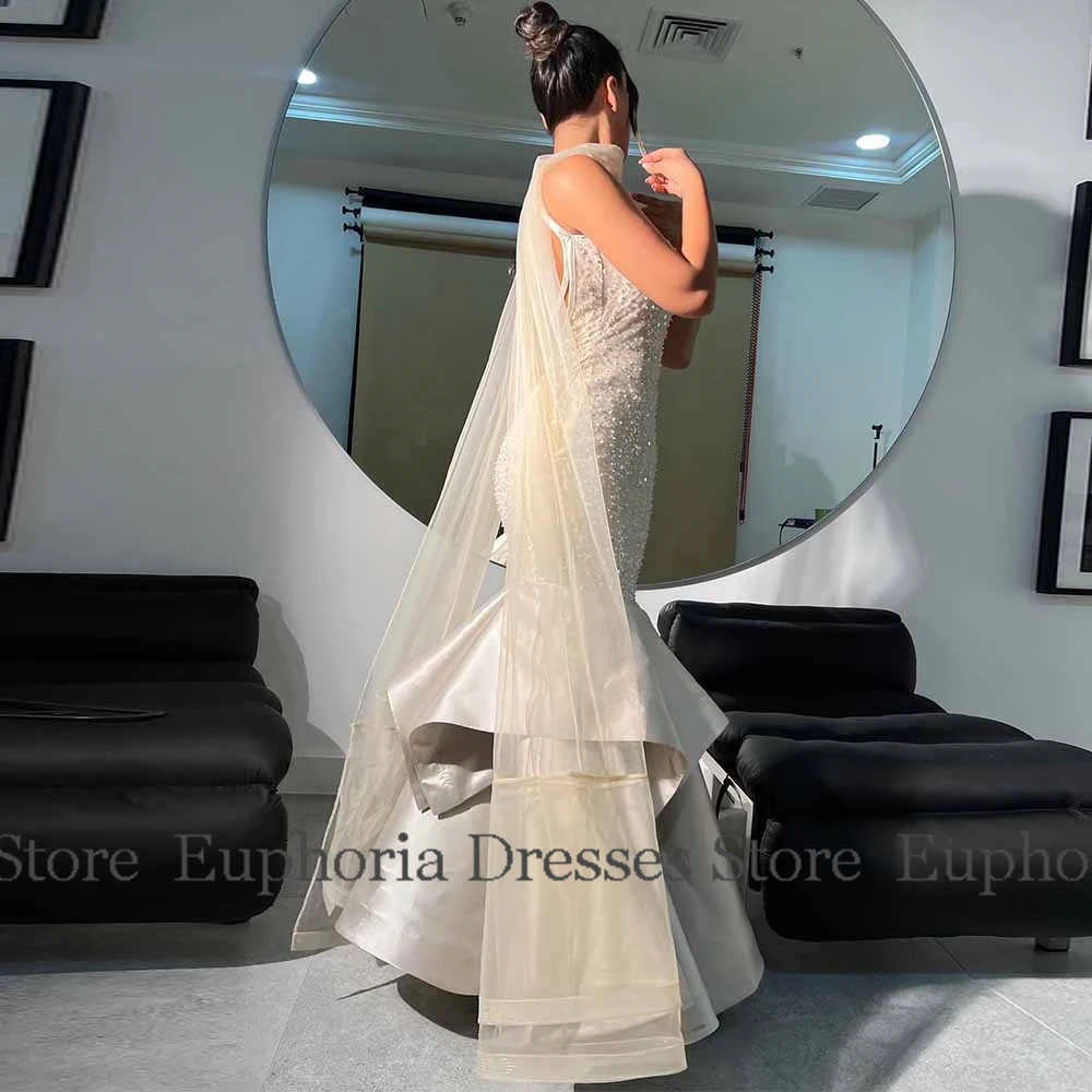 فساتين لحفلات الكوكتيل الفاخرة 2025 الساتان حورية البحر/البوق فستان المشاهير الشمبانيا ساحة الرقبة اللؤلؤ شال المتدرج Ruched فساتين لحضور الحفلات الموسيقية #2