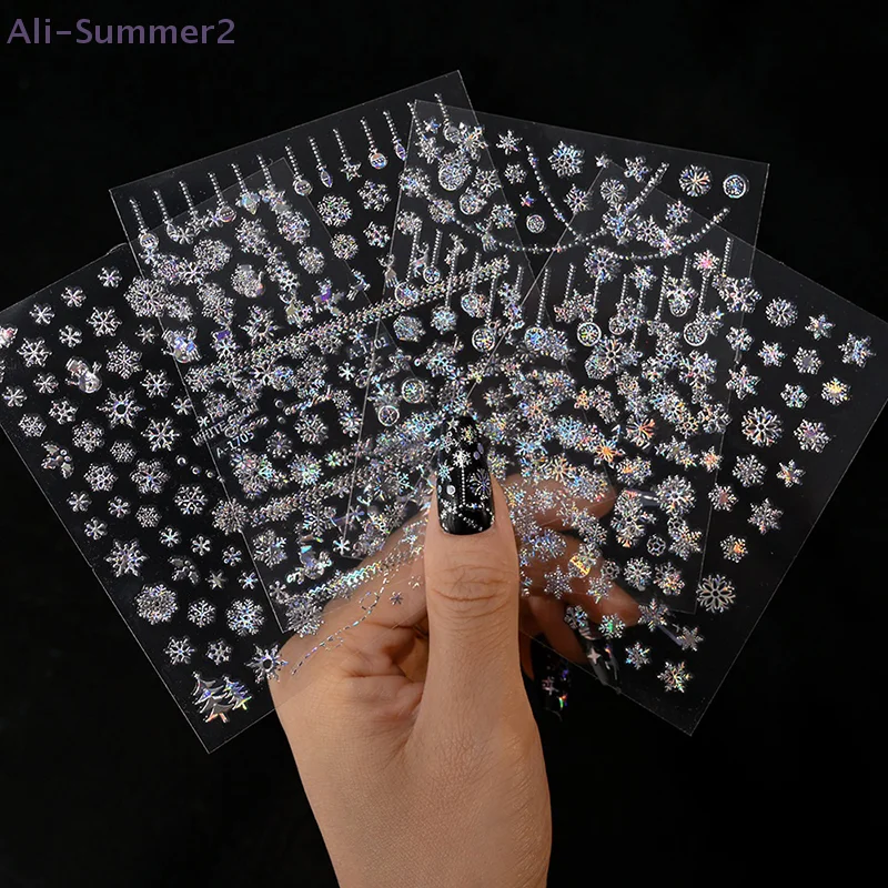 1 ورقة عيد الميلاد 5D الإغاثة الذهب الفضة مسمار ملصقات فنية الليزر ندفة الثلج ثلج شجرة عيد الميلاد مسمار ملصقات السنة الجديدة مانيكير ديكور