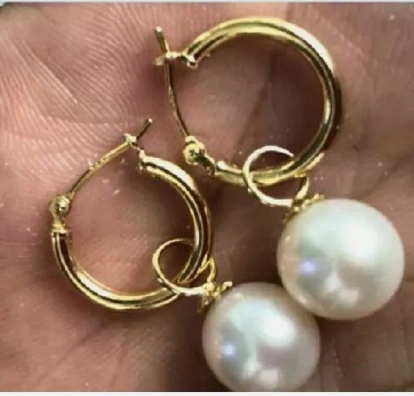 

14K GOLD AAAAA 8-9mm perfect white Australia south sea pearl dangle earring