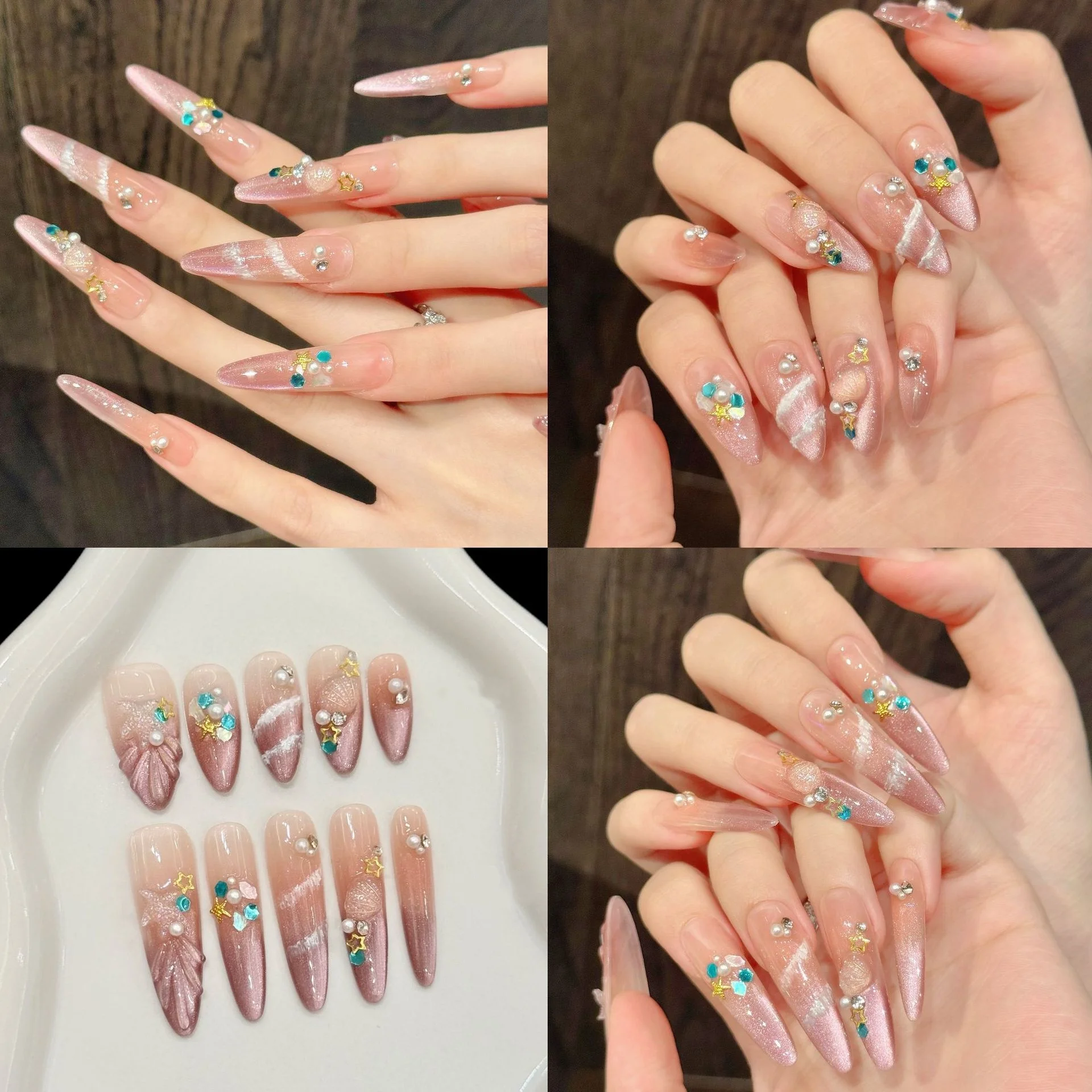 10枚入り ピンク ハンドメイド つけ爪セット オーシャンパール ラインストーン ロングアーモンド フェイクネイル アート データチャブル キャッツアイ チップ 付け爪