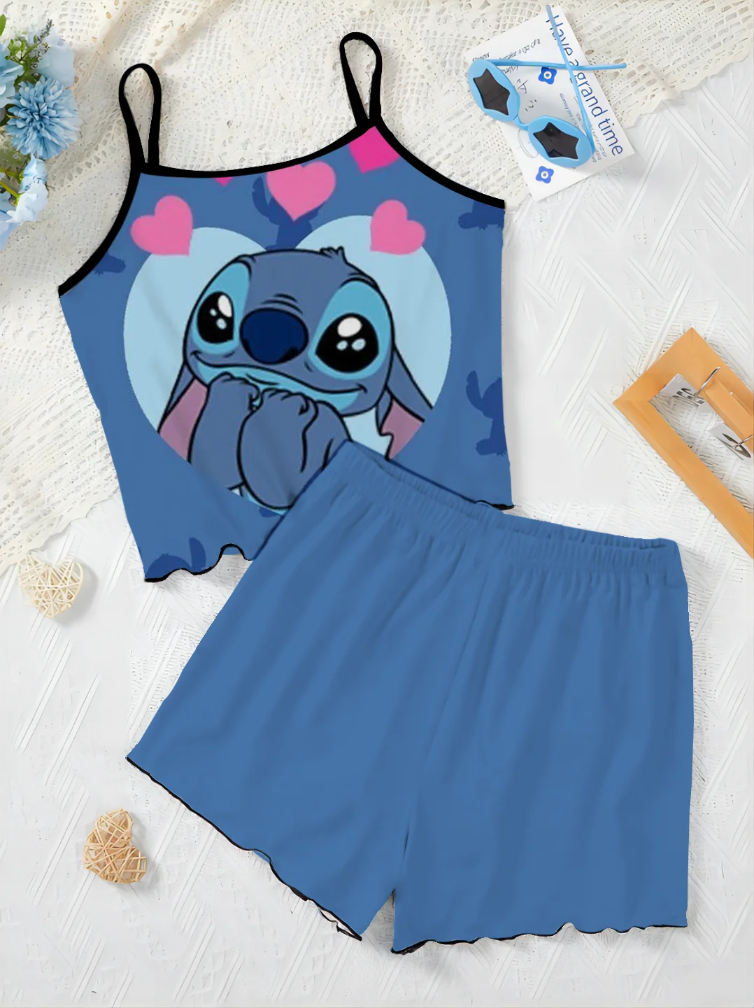 Stitch Lettuce Trim Luxury Elegant Women's Sets Slip Dress Pajama Skirt T-shirt Top Disney Pieces Short 2-piece Suit Disney Home