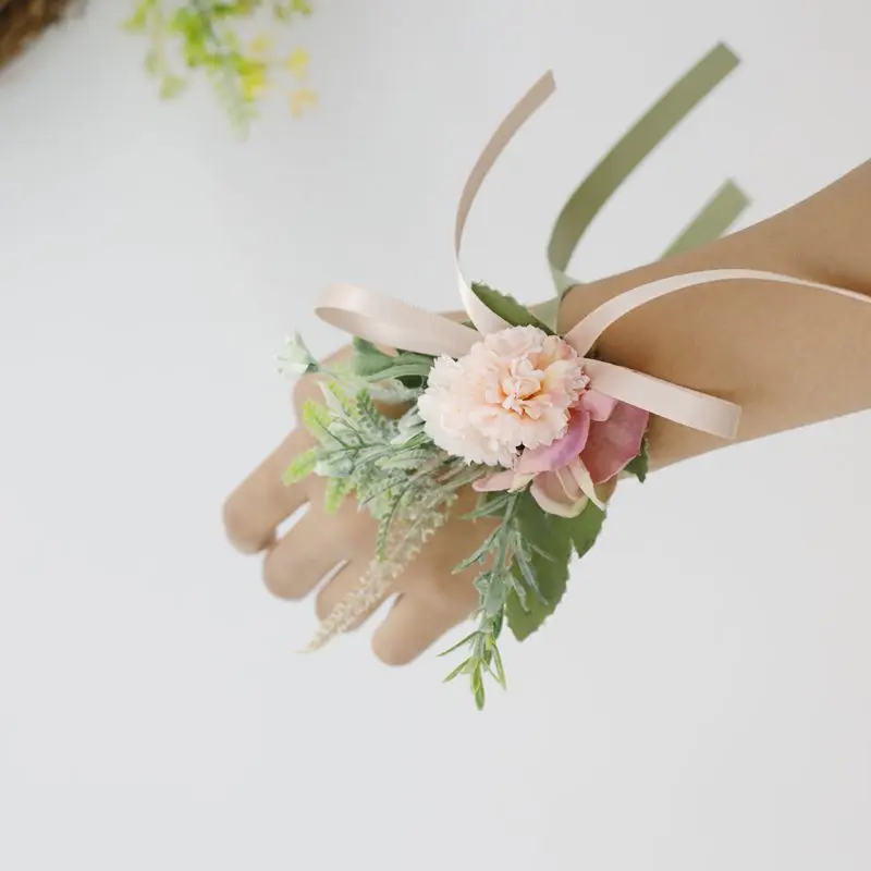 ピンクの緑の花の形をしたブレスレット,エレガントな結婚式のアクセサリー,花嫁介添人