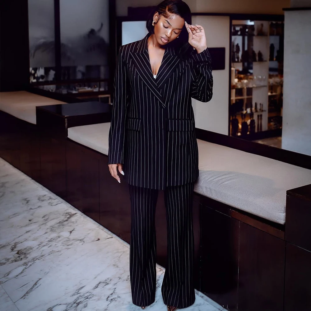 

Элегантные женские костюмы-двойки в тонкую полоску с заостренными лацканами, на одной пуговице, черный блейзер для женщин, офисный деловой пиджак + брюки, индивидуальный пошив