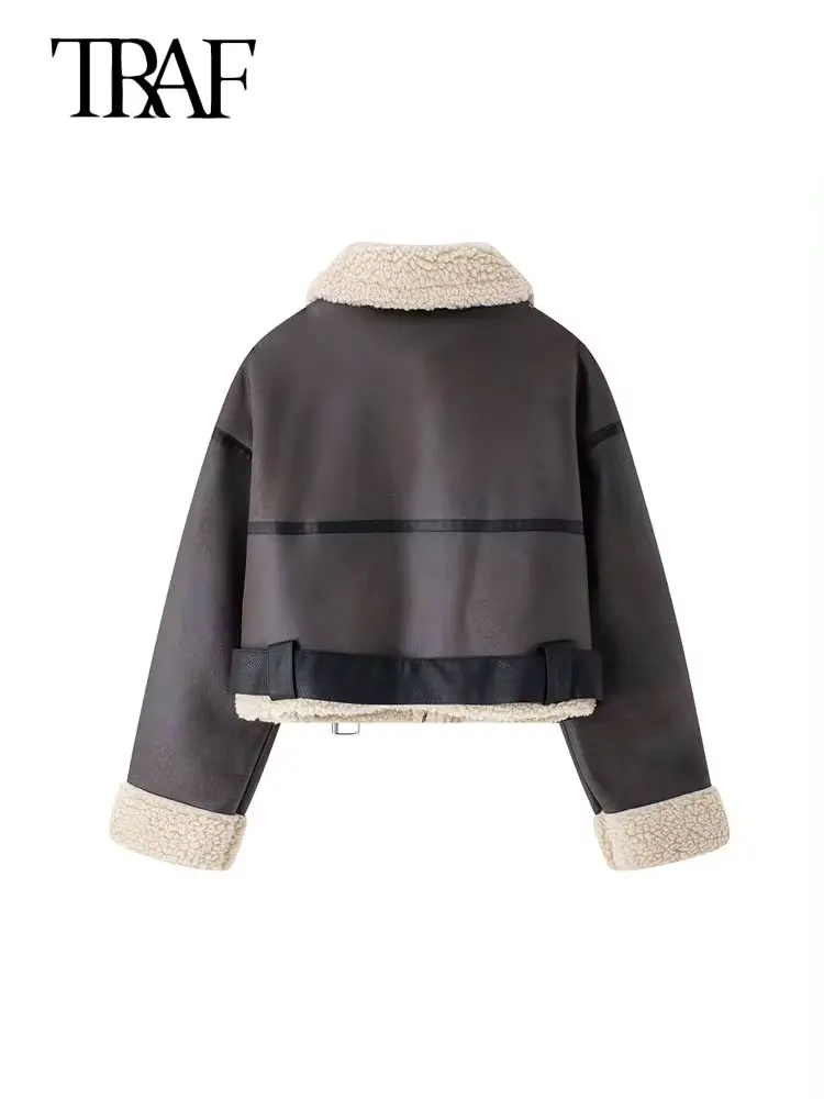 TRAF Winter Women Fashion With Belt Suede Lamb Leather Jacket Coats Faux Shearling Sheepskin Leather Outerwear Chic Tops