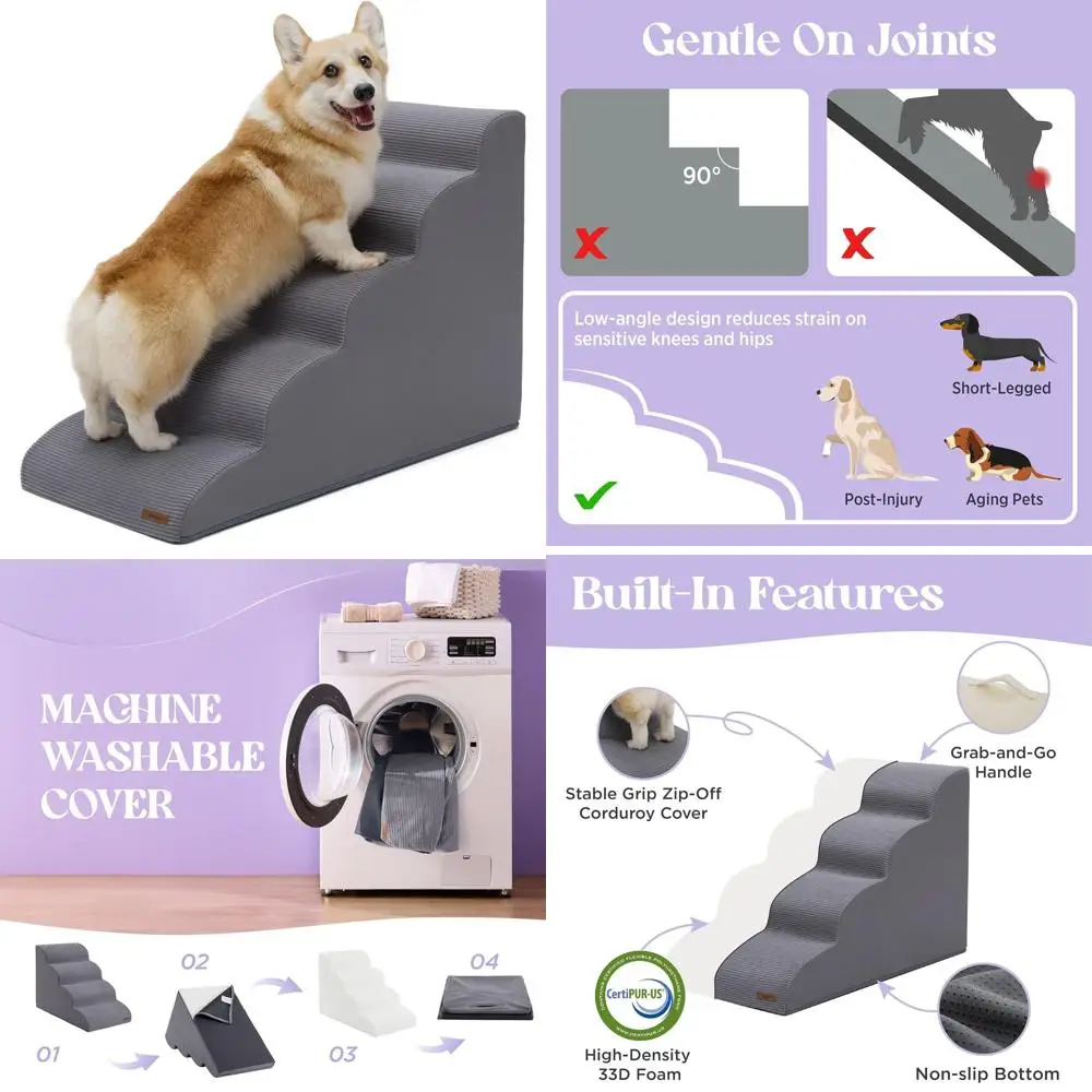 

Пандус-лестница для домашних животных с 5 ступеньками для маленьких собак - для доступа к высоким кроватям, нескользящий, из пены CertiPUR-US, серый