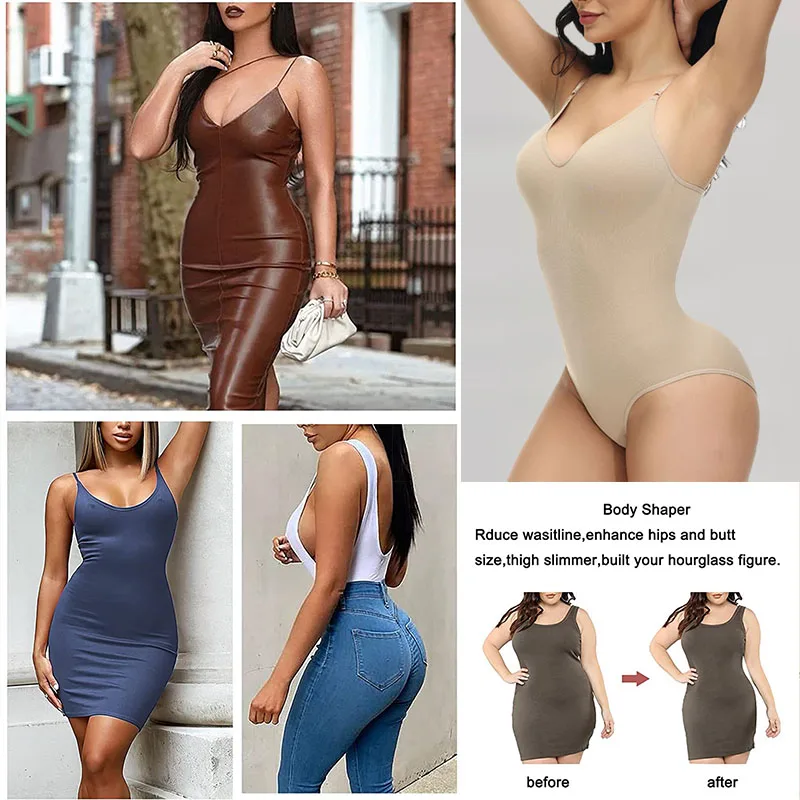 GUUDIA V Neck Spaghetti Strap Bodysuits Compression Body Suits Open Crotch Shapewear Slimming Body Shaper Smooth Out Bodysuit