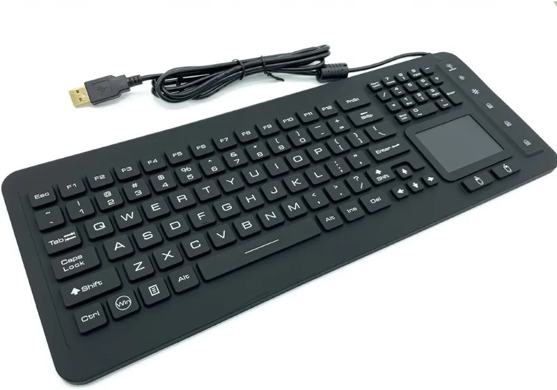 IP68 Waterproof LED Backlight Black Rugged Industrial Medical Silicone Keyboard with Touchpad