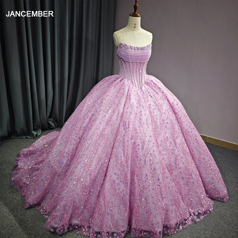 

Jancember Promotion Luxury Quinceanera Dresses For Gril Scalloped Short Sleeves Lace Up Beading Vestidos De 15 Años DY6684