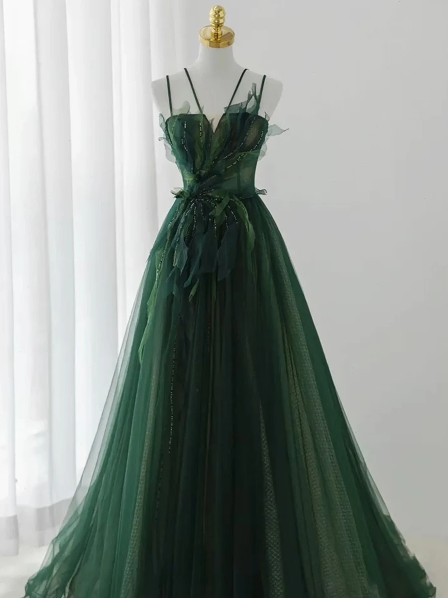 Women Spaghetti Strap Prom Dresses Fairy Dark Green Long Sexy A-Line Tulle Evening Formal Gown