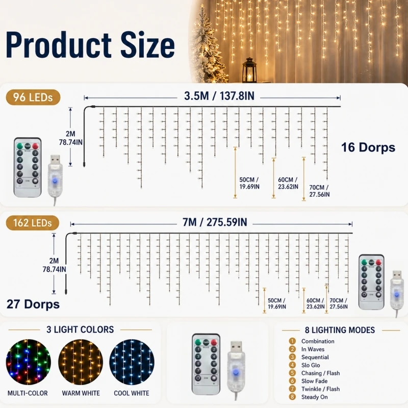 162/96LED USB Ice Strip Curtain Lights Remote Control 8 Modes Warm White Colorful LED String Light for Window Wall Room Decor