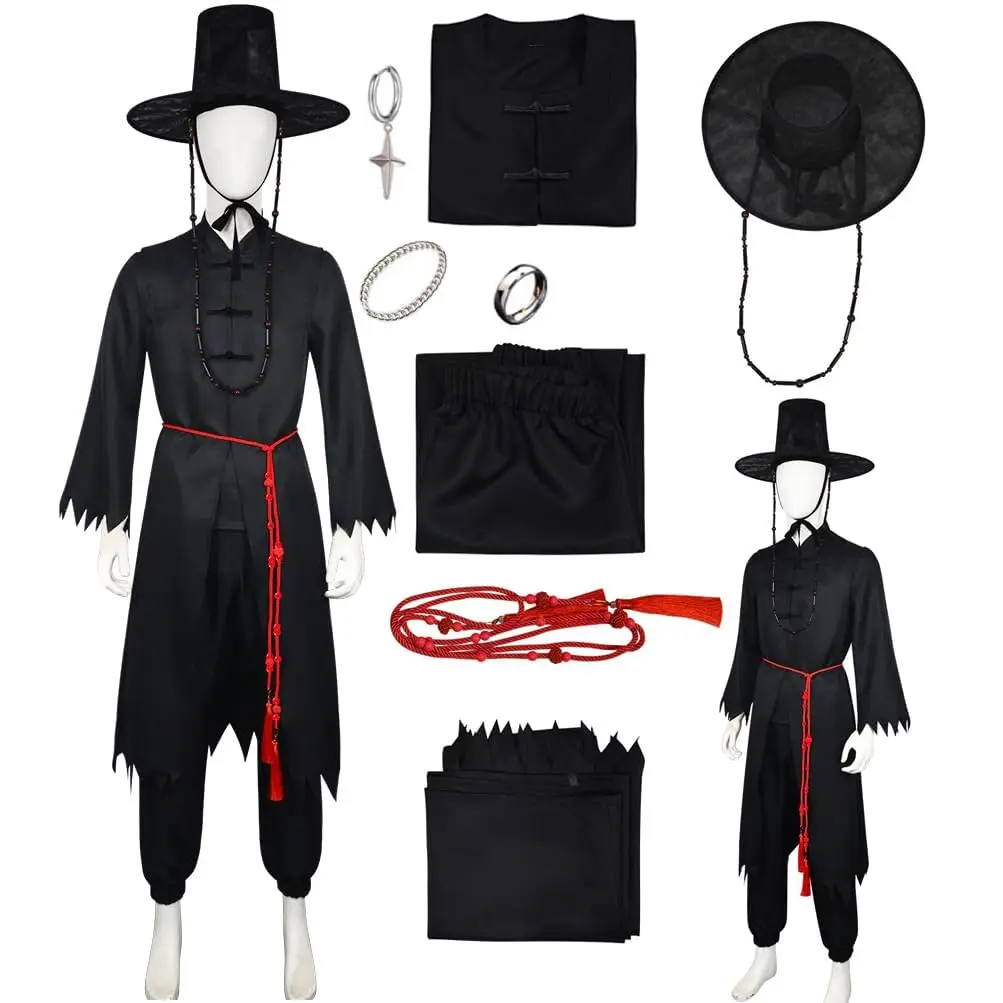 Kostum Pemburu Iblis K-POP Dewasa Pria Jinu Penyanyi Pop Cosplay Pakaian Halloween dengan Mantel Tunik Jubah Topi