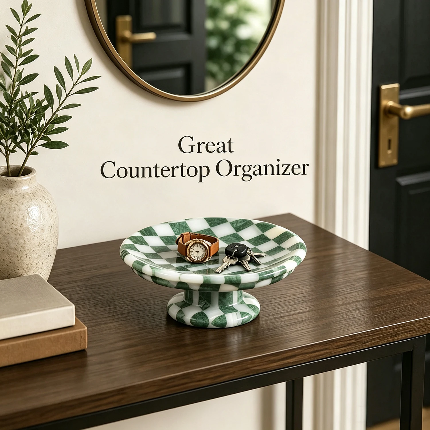 Green White Checkered Marble Decorative Tray Raised Pedestal Storage Tray Natural Stone Jewelry Organizer Home Tabletop Decor