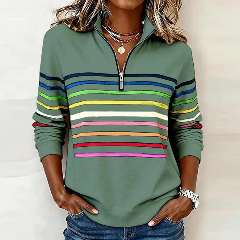 Nieuwe herfst winter gestreepte regenboog bedrukte sweatshirt dames casual lange mouw rits blouse damesmode trui shirt
