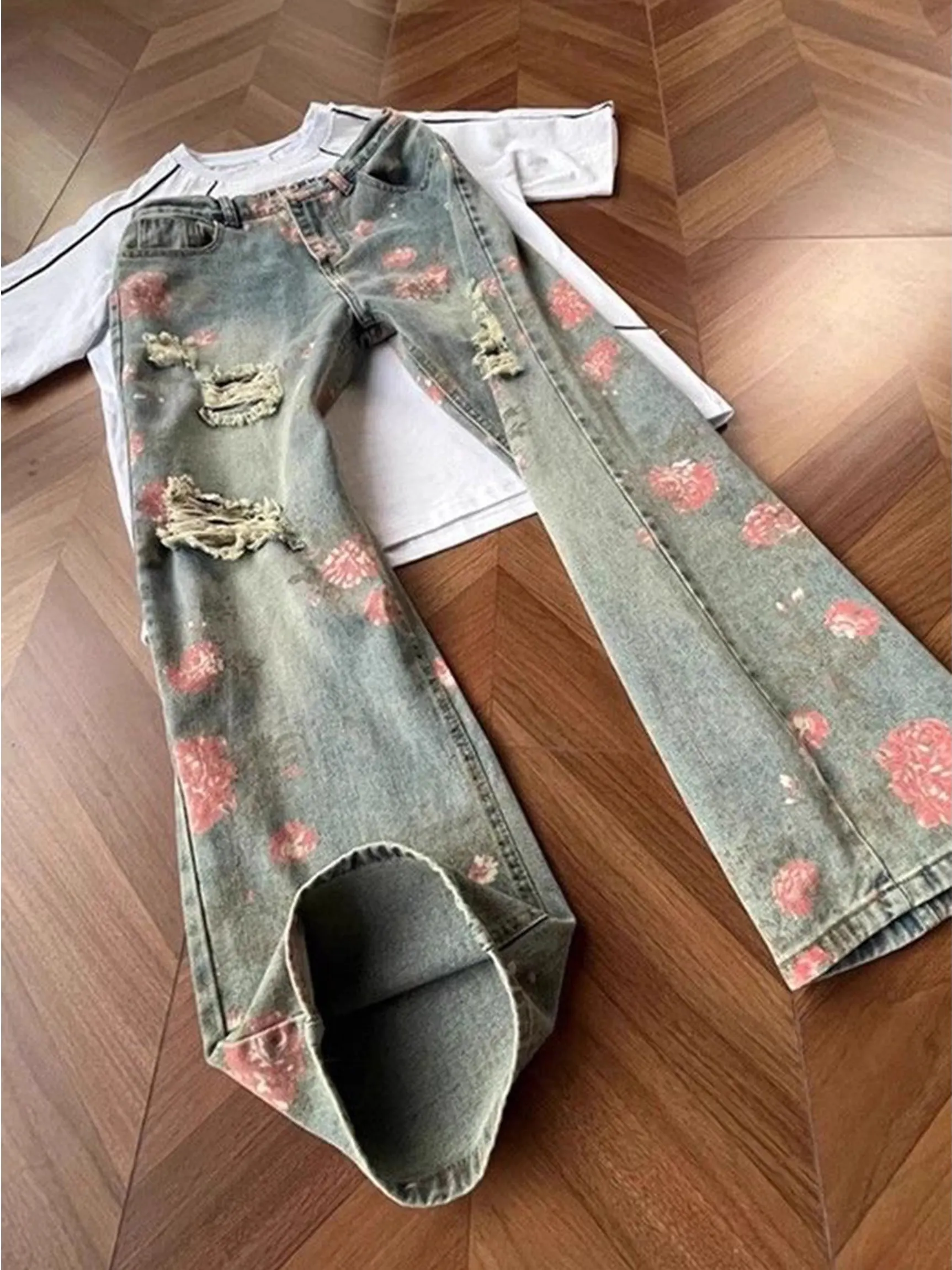 

Large Size Men's Straight Leg Jeans Floral Patchwork High Street Sle Spring Autumn Trendy Brand Casual Wear Durable Denim