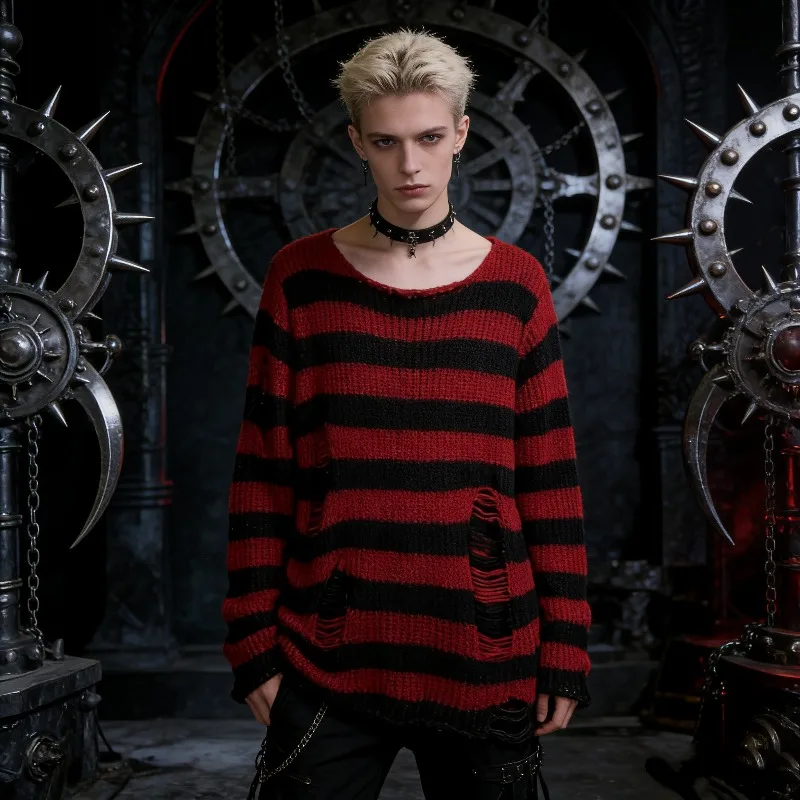 

Sexy Hollow Out Striped Long Sweaters Punk Gothic Cool Hole Broken Jumpers Women Over Size Loose Rock Dark Pullovers Sweaters
