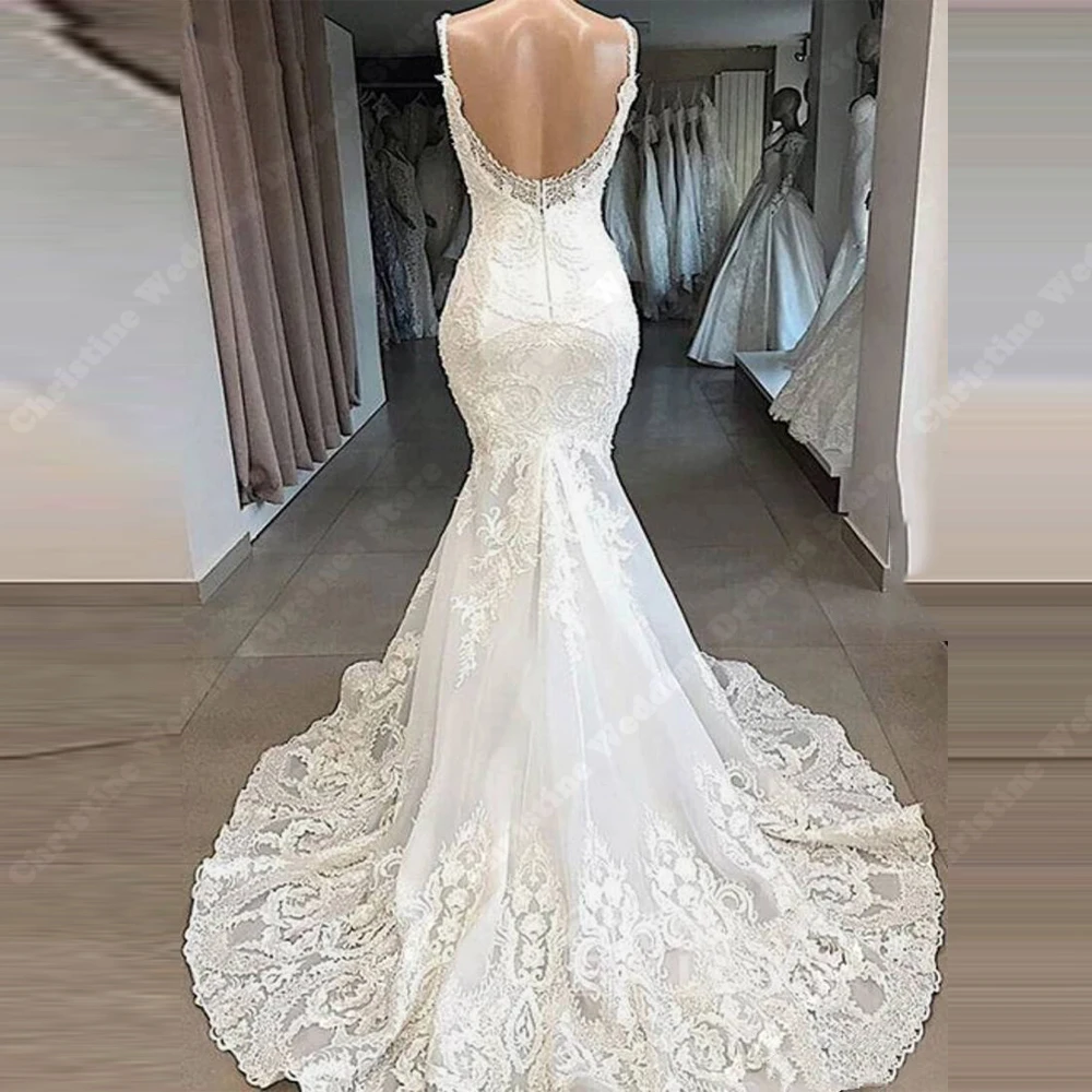 Sexy V-ausschnitt Meerjungfrau Frauen Brautkleider Spitze Druck Backless Brautkleider Wischen Länge Ball Vestidos De Novias Angepasst