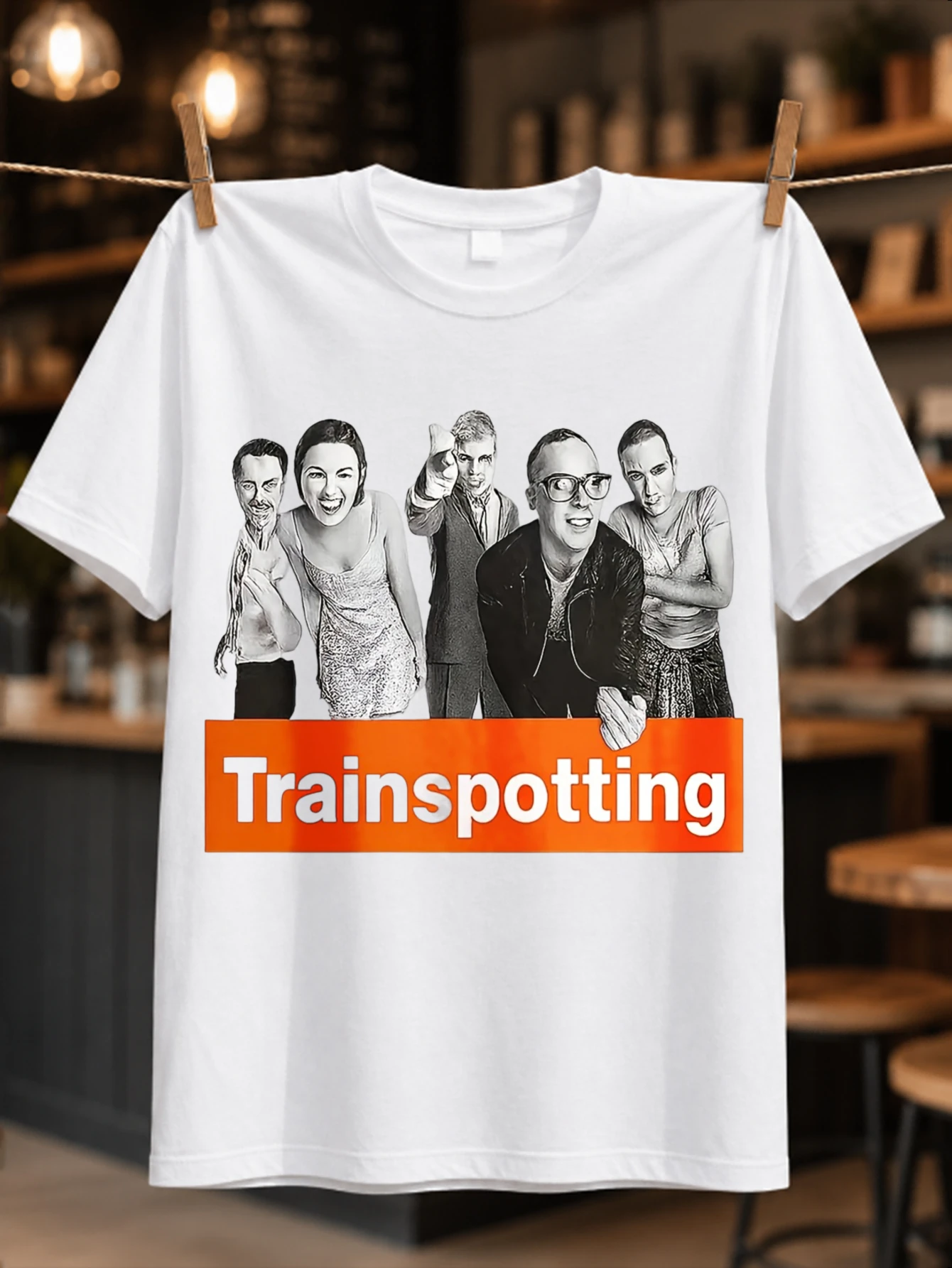 Trainspotting cast group sketch with bold orange title block and energetic cult film style Retro  Unisex All T-Shirt