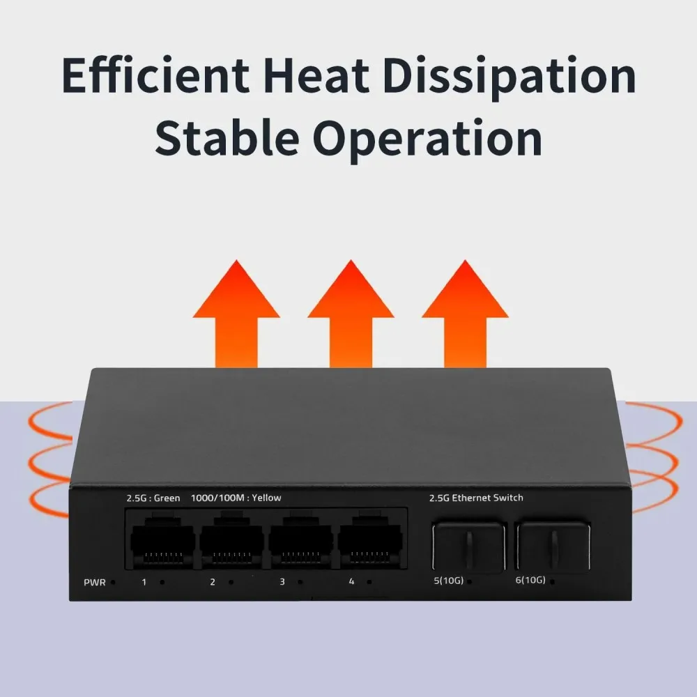 SunSoont 6 พอร์ต 2.5G Smart Web Managed Switch 4 x 2.5G Base-T พอร์ต 2 x 10G SFP + สล็อต, QoS/QoS/VLAN/IGMP, สวิตช์โลหะไร้พัดลม