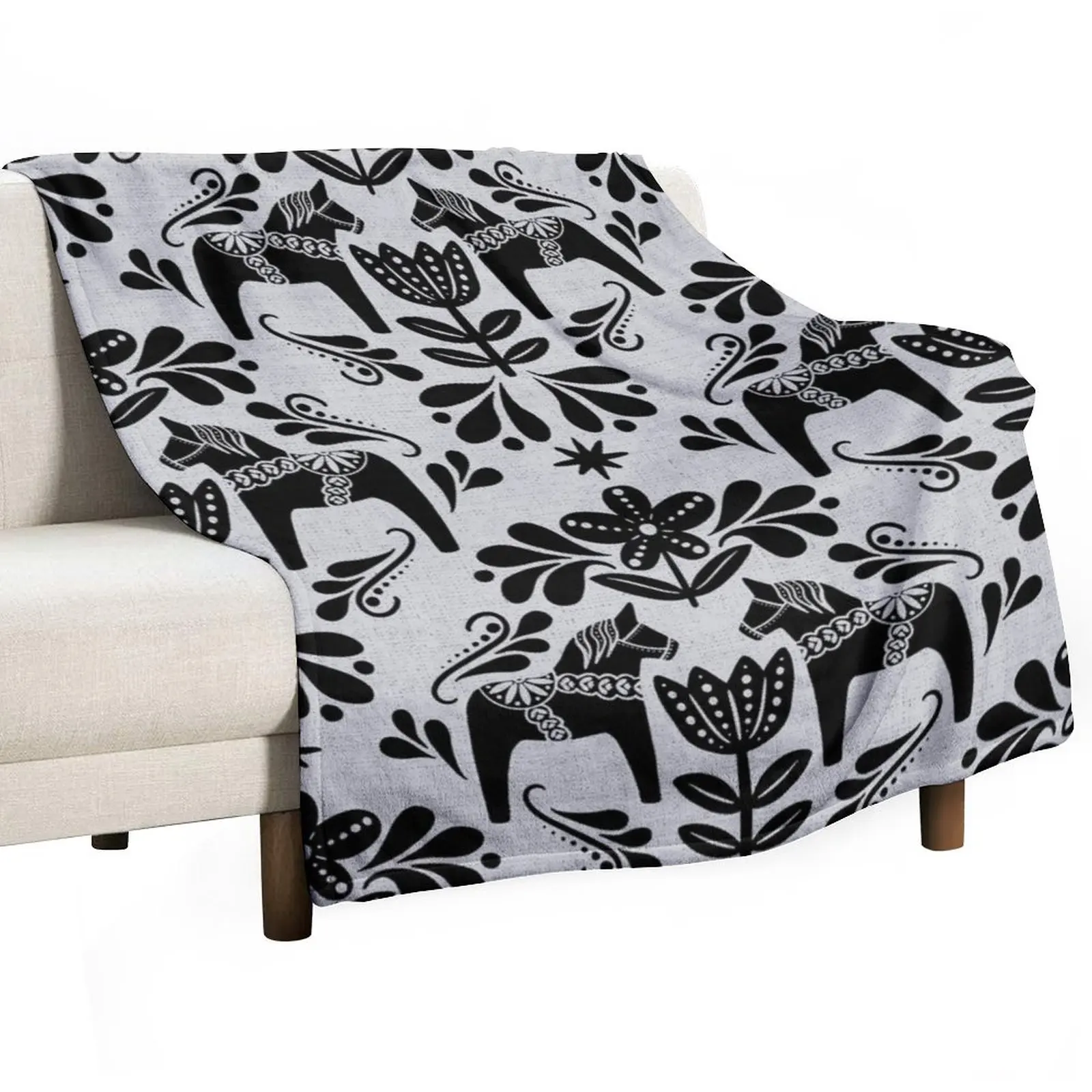 

Folk Art Dala Horse - Black and Grey Throw Blanket Multi-Purpose Furry Personalized Gift Luxury Throw Blankets