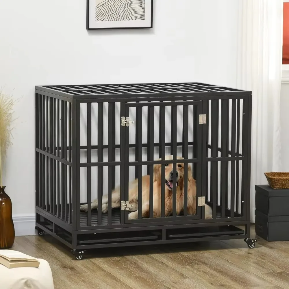 

Heavy Duty Cage Metal Kennel & Caged Dog Playpen with Lockable Wheels, Slide-Out Tray, and Anti-Pinch Floor, 41" x 29.5" x 35"